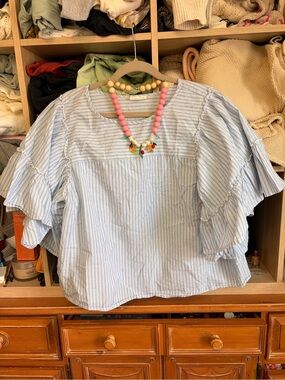 GAP Light Blue & White Striped Ruffle Sleeve Blouse